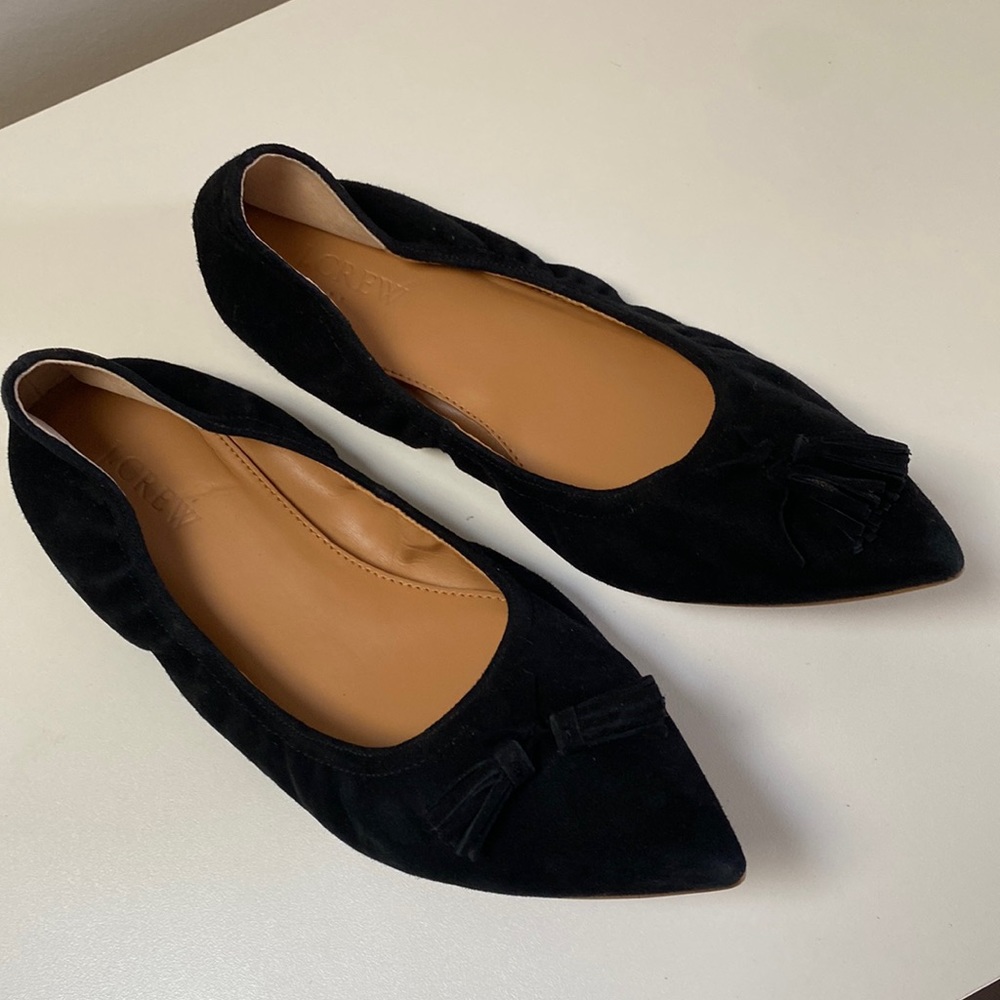 J Crew Factory Black Suede Pointed Toe Tassel Flats Size 8
